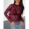 imageBTFBM Mesh Long Sleeve Tops for Women Lace Sexy Sheer See Through Crew Neck Tight Shirt Fall 2025 Party Club OutfitsBurgundy