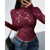 imageBTFBM Mesh Long Sleeve Tops for Women Lace Sexy Sheer See Through Crew Neck Tight Shirt Fall 2025 Party Club OutfitsBurgundy