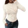 imageBTFBM Mesh Long Sleeve Tops for Women Lace Sexy Sheer See Through Crew Neck Tight Shirt Fall 2025 Party Club OutfitsBeige