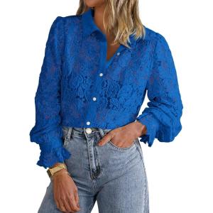 imageBTFBM Long Sleeve Lace Blouses for Women 2025 Spring Dressy Casual Button Down Shirts Date Night Outfit Club Party TopsBlue