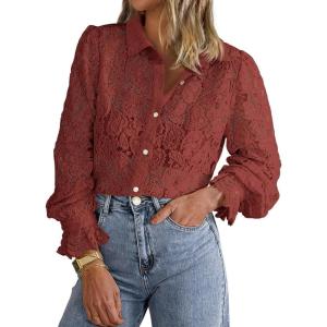 imageBTFBM Long Sleeve Lace Blouses for Women 2025 Spring Dressy Casual Button Down Shirts Date Night Outfit Club Party TopsBrown Red