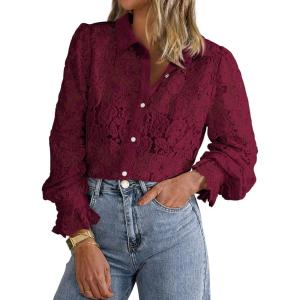 imageBTFBM Long Sleeve Lace Blouses for Women 2025 Spring Dressy Casual Button Down Shirts Date Night Outfit Club Party TopsWine Red