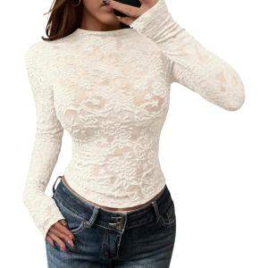 imageBTFBM Mesh Long Sleeve Tops for Women Lace Sexy Sheer See Through Crew Neck Tight Shirt Fall 2025 Party Club OutfitsBeige