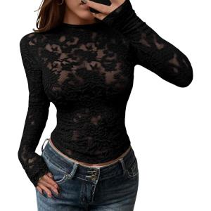 imageBTFBM Mesh Long Sleeve Tops for Women Lace Sexy Sheer See Through Crew Neck Tight Shirt Fall 2025 Party Club OutfitsBlack