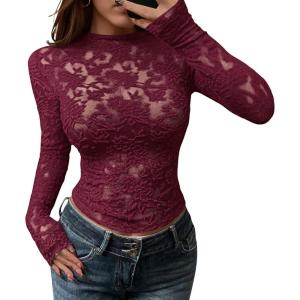 imageBTFBM Mesh Long Sleeve Tops for Women Lace Sexy Sheer See Through Crew Neck Tight Shirt Fall 2025 Party Club OutfitsBurgundy