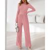 imageBTFBM Jumpsuits For Women Dressy 2025 Fall Casual One Piece Outfits Pocket Long Sleeve Knit Ruched Wide Leg Pants RomperGrey Pink
