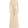 imageBTFBM Jumpsuits For Women Dressy 2025 Fall Casual One Piece Outfits Pocket Long Sleeve Knit Ruched Wide Leg Pants RomperBeige