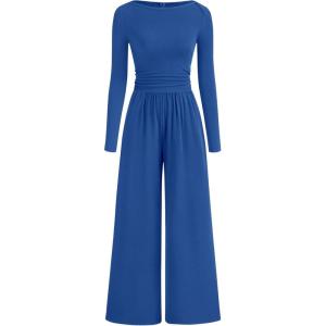 imageBTFBM Jumpsuits For Women Dressy 2025 Fall Casual One Piece Outfits Pocket Long Sleeve Knit Ruched Wide Leg Pants RomperBlue