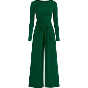 imageBTFBM Jumpsuits For Women Dressy 2025 Fall Casual One Piece Outfits Pocket Long Sleeve Knit Ruched Wide Leg Pants RomperDark Green