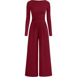 imageBTFBM Jumpsuits For Women Dressy 2025 Fall Casual One Piece Outfits Pocket Long Sleeve Knit Ruched Wide Leg Pants RomperDark Red