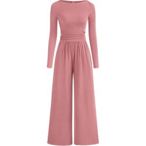 imageBTFBM Jumpsuits For Women Dressy 2025 Fall Casual One Piece Outfits Pocket Long Sleeve Knit Ruched Wide Leg Pants RomperGrey Pink
