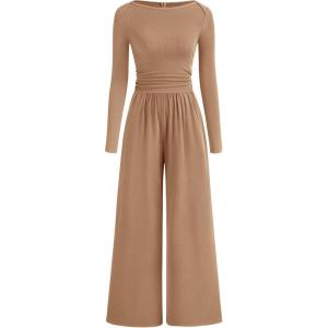 imageBTFBM Jumpsuits For Women Dressy 2025 Fall Casual One Piece Outfits Pocket Long Sleeve Knit Ruched Wide Leg Pants RomperKhaki