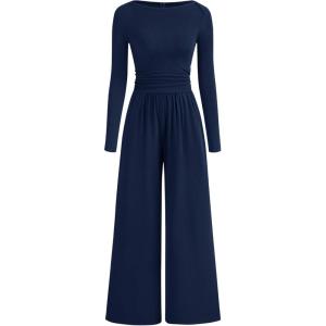 imageBTFBM Jumpsuits For Women Dressy 2025 Fall Casual One Piece Outfits Pocket Long Sleeve Knit Ruched Wide Leg Pants RomperNavy
