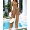 imageBTFBM Casual 2 Piece Sets For Women Fall Outfits 2025 Ribbed Long Sleeve Crop Top Wide Leg Pants Matching Lounge SetCamel
