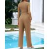 imageBTFBM Casual 2 Piece Sets For Women Fall Outfits 2025 Ribbed Long Sleeve Crop Top Wide Leg Pants Matching Lounge SetCamel