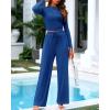 imageBTFBM Casual 2 Piece Sets For Women Fall Outfits 2025 Ribbed Long Sleeve Crop Top Wide Leg Pants Matching Lounge SetDark Blue