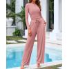 imageBTFBM Casual 2 Piece Sets For Women Fall Outfits 2025 Ribbed Long Sleeve Crop Top Wide Leg Pants Matching Lounge SetPink
