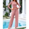imageBTFBM Casual 2 Piece Sets For Women Fall Outfits 2025 Ribbed Long Sleeve Crop Top Wide Leg Pants Matching Lounge SetPink