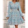imageBTFBM Fall Dresses for Women 2025 Long Sleeve Elastic Waist Mini Wedding Guest Dress Boho Floral Beach Vacation ClothesFloral Blue White