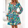 imageBTFBM Fall Dresses for Women 2025 Long Sleeve Elastic Waist Mini Wedding Guest Dress Boho Floral Beach Vacation ClothesGreen Orange Flower