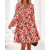 imageBTFBM Fall Dresses for Women 2025 Long Sleeve Elastic Waist Mini Wedding Guest Dress Boho Floral Beach Vacation ClothesOrange Pink Red Flower