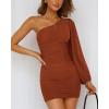 imageBTFBM Fall Wedding Guest Dresses for Women 2025 One Shoulder Long Sleeve Ruched Bodycon Cocktail Party Homecoming DressCaramel