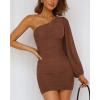 imageBTFBM Fall Wedding Guest Dresses for Women 2025 One Shoulder Long Sleeve Ruched Bodycon Cocktail Party Homecoming DressDark Brown