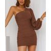 imageBTFBM Fall Wedding Guest Dresses for Women 2025 One Shoulder Long Sleeve Ruched Bodycon Cocktail Party Homecoming DressDark Brown
