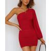 imageBTFBM Fall Wedding Guest Dresses for Women 2025 One Shoulder Long Sleeve Ruched Bodycon Cocktail Party Homecoming DressRed