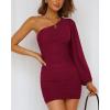 imageBTFBM Fall Wedding Guest Dresses for Women 2025 One Shoulder Long Sleeve Ruched Bodycon Cocktail Party Homecoming DressWine Red