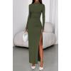 imageBTFBM Formal Dresses for Women 2025 Fall Long Sleeve Mock Neck Ruched Bodycon Slit Maxi Wedding Guest Dress CocktailArmy Green