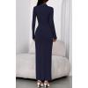 imageBTFBM Formal Dresses for Women 2025 Fall Long Sleeve Mock Neck Ruched Bodycon Slit Maxi Wedding Guest Dress CocktailNavy Blue