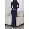 imageBTFBM Formal Dresses for Women 2025 Fall Long Sleeve Mock Neck Ruched Bodycon Slit Maxi Wedding Guest Dress CocktailNavy Blue