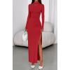 imageBTFBM Formal Dresses for Women 2025 Fall Long Sleeve Mock Neck Ruched Bodycon Slit Maxi Wedding Guest Dress CocktailRed
