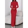imageBTFBM Formal Dresses for Women 2025 Fall Long Sleeve Mock Neck Ruched Bodycon Slit Maxi Wedding Guest Dress CocktailRed