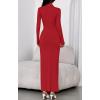 imageBTFBM Formal Dresses for Women 2025 Fall Long Sleeve Mock Neck Ruched Bodycon Slit Maxi Wedding Guest Dress CocktailRed