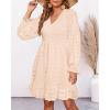 imageBTFBM Long Sleeve Fall Dresses for Women 2025 Casual V Neck Swiss Dot Smocked Ruffle Chiffon Summer Flowy Mini DressApricot