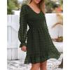 imageBTFBM Long Sleeve Fall Dresses for Women 2025 Casual V Neck Swiss Dot Smocked Ruffle Chiffon Summer Flowy Mini DressArmy Green