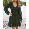 imageBTFBM Long Sleeve Fall Dresses for Women 2025 Casual V Neck Swiss Dot Smocked Ruffle Chiffon Summer Flowy Mini DressArmy Green