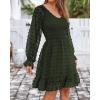 imageBTFBM Long Sleeve Fall Dresses for Women 2025 Casual V Neck Swiss Dot Smocked Ruffle Chiffon Summer Flowy Mini DressArmy Green