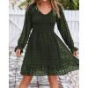 imageBTFBM Long Sleeve Fall Dresses for Women 2025 Casual V Neck Swiss Dot Smocked Ruffle Chiffon Summer Flowy Mini DressArmy Green