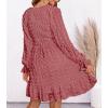 imageBTFBM Long Sleeve Fall Dresses for Women 2025 Casual V Neck Swiss Dot Smocked Ruffle Chiffon Summer Flowy Mini DressBean Paste Red