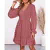 imageBTFBM Long Sleeve Fall Dresses for Women 2025 Casual V Neck Swiss Dot Smocked Ruffle Chiffon Summer Flowy Mini DressBean Paste Red