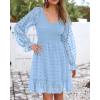 imageBTFBM Long Sleeve Fall Dresses for Women 2025 Casual V Neck Swiss Dot Smocked Ruffle Chiffon Summer Flowy Mini DressBlue