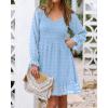 imageBTFBM Long Sleeve Fall Dresses for Women 2025 Casual V Neck Swiss Dot Smocked Ruffle Chiffon Summer Flowy Mini DressBlue