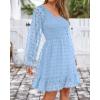 imageBTFBM Long Sleeve Fall Dresses for Women 2025 Casual V Neck Swiss Dot Smocked Ruffle Chiffon Summer Flowy Mini DressBlue