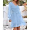 imageBTFBM Long Sleeve Fall Dresses for Women 2025 Casual V Neck Swiss Dot Smocked Ruffle Chiffon Summer Flowy Mini DressBlue