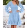 imageBTFBM Long Sleeve Fall Dresses for Women 2025 Casual V Neck Swiss Dot Smocked Ruffle Chiffon Summer Flowy Mini DressBlue