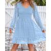 imageBTFBM Long Sleeve Fall Dresses for Women 2025 Casual V Neck Swiss Dot Smocked Ruffle Chiffon Summer Flowy Mini DressBlue
