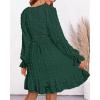 imageBTFBM Long Sleeve Fall Dresses for Women 2025 Casual V Neck Swiss Dot Smocked Ruffle Chiffon Summer Flowy Mini DressDark Green
